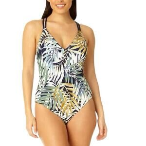 Hurley Green Tropical One Piece Swimsuit UPF 50+ Halter Neck Padded Chest Size L